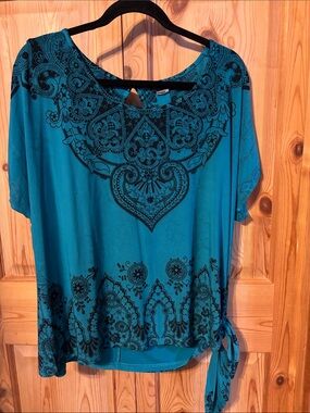 Perseption Teal Short-Sleeve Printed Top with Side Tie